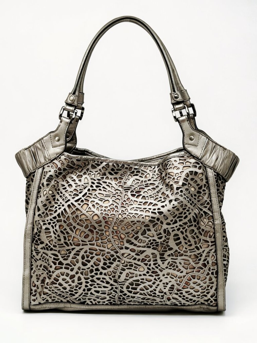 Burberry Prorsum Metallic Laser Cut Leather Tote Bag – Pewter Silver